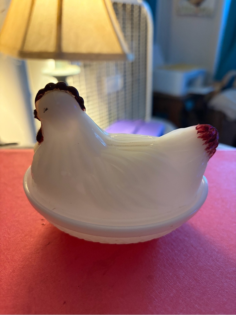White Hen on Nest Covered Dish - Milk Glass with Red Accents